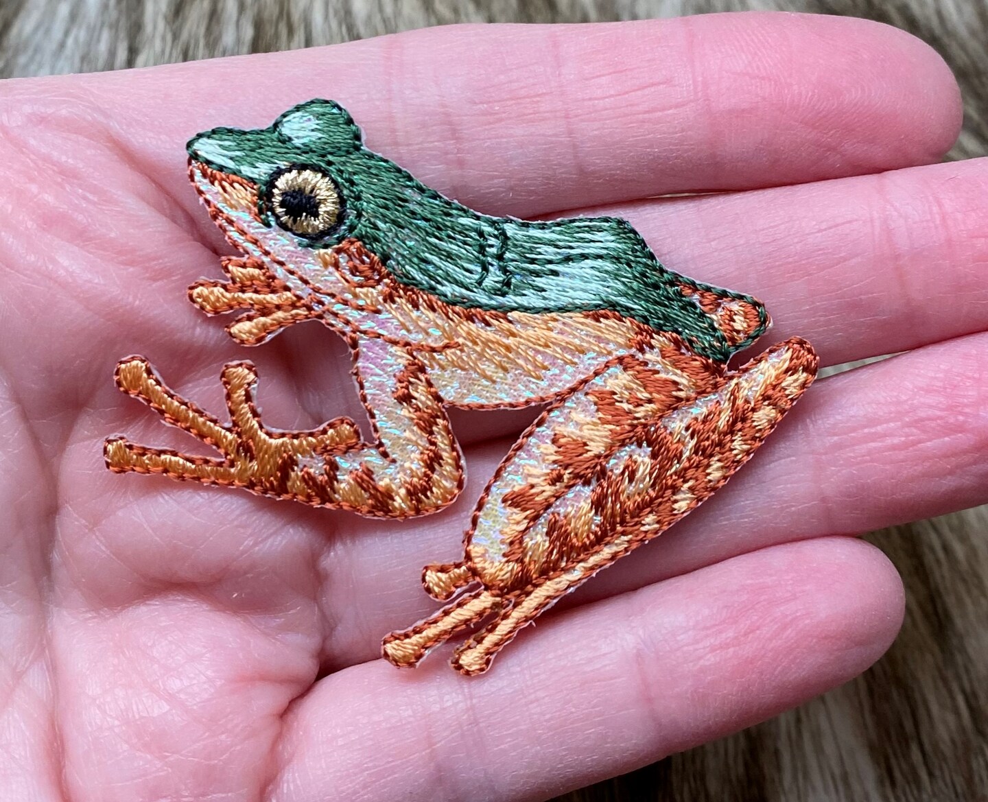 Green Shimmery Frog, Facing Left, Embroidered Iron-on Patch