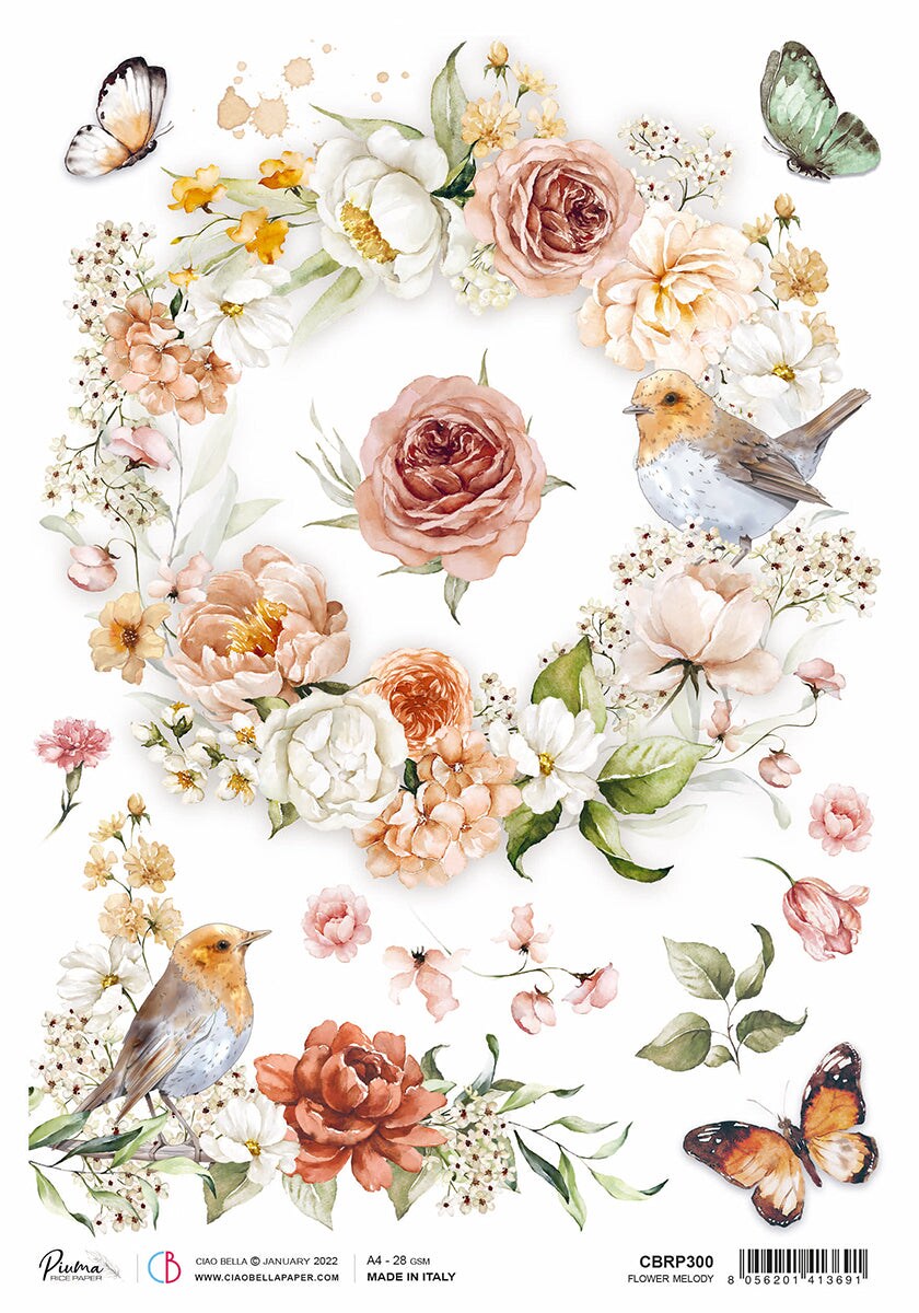 Ciao Bella Rice Paper A4 Piuma Flower melody - 5 Sheets
