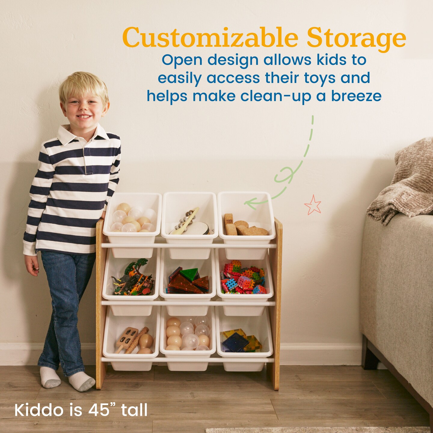 3-Tier Organizer with 9 Bins, Toy Storage