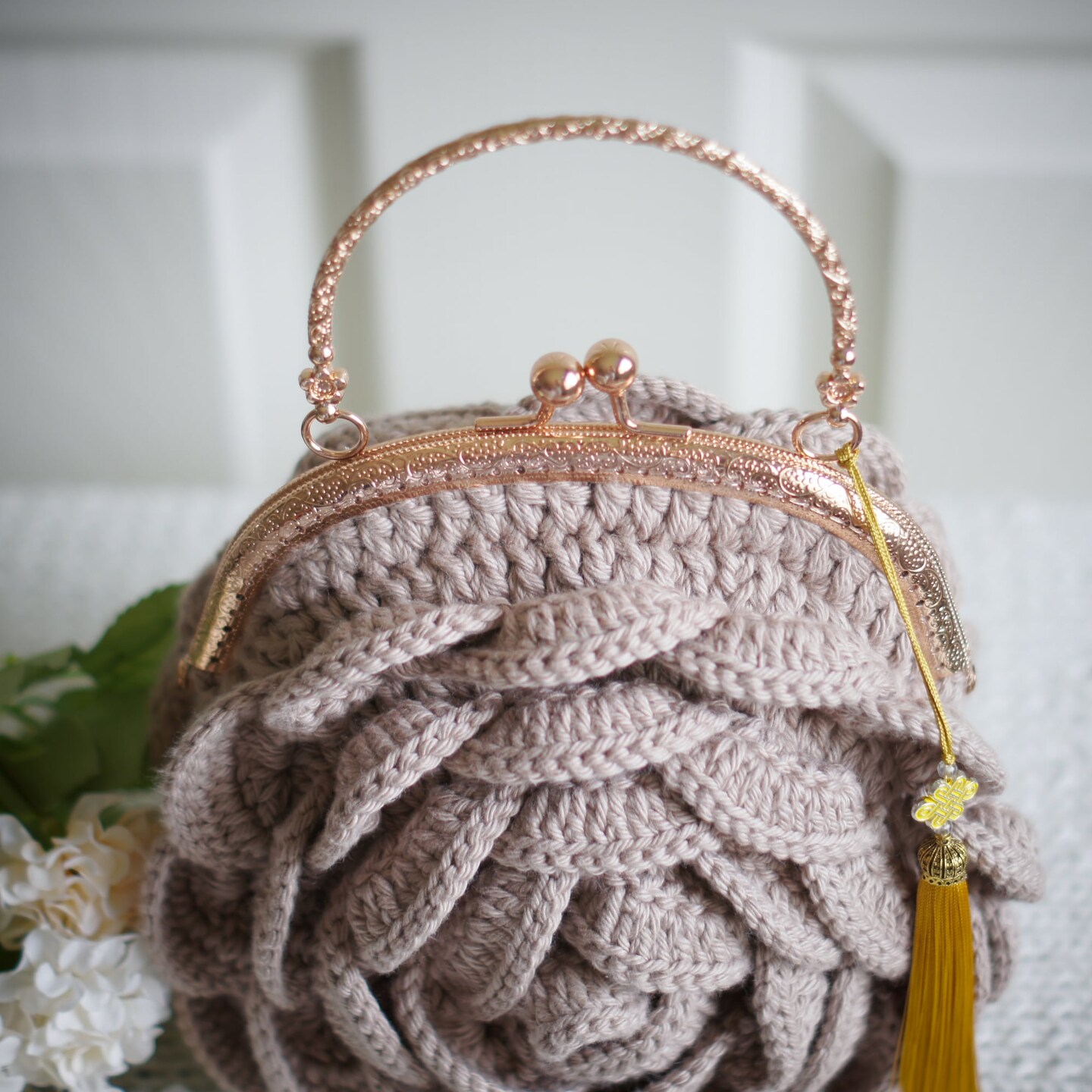 Warm Latte Crochet Rose Bag - Elegant Wedding Purse and Prom Bag