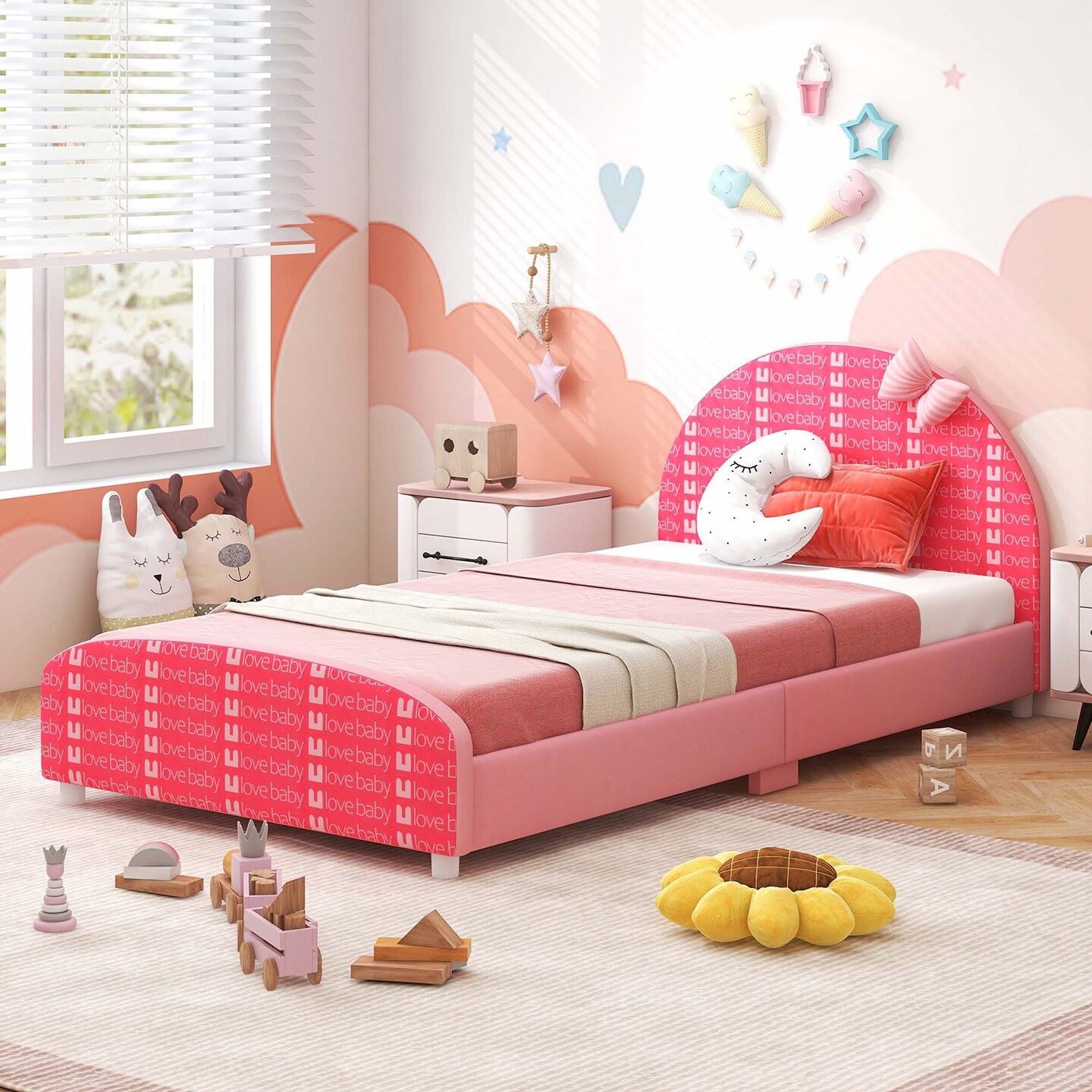 Honeyjoy Children Twin Size Upholstered Platform Single Bed with Headboard & Footboard Pink