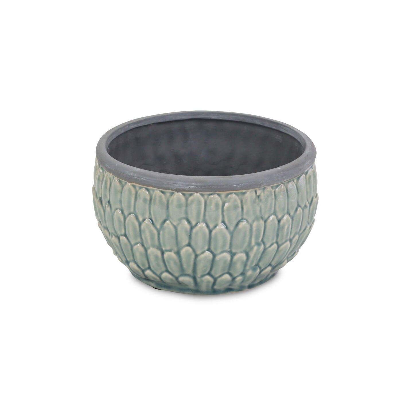Contemporary Home Living 8&#x22; Green Round Pot with Overlapping Leaf Embossed Outdoor Planter Pot