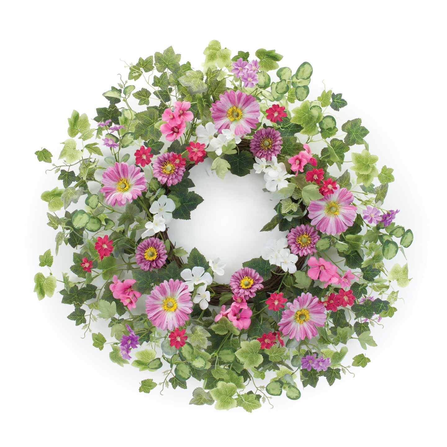 Melrose Mixed Floral and Ivy Leaf Twig Spring Artificial Wreath, 24.5-Inch