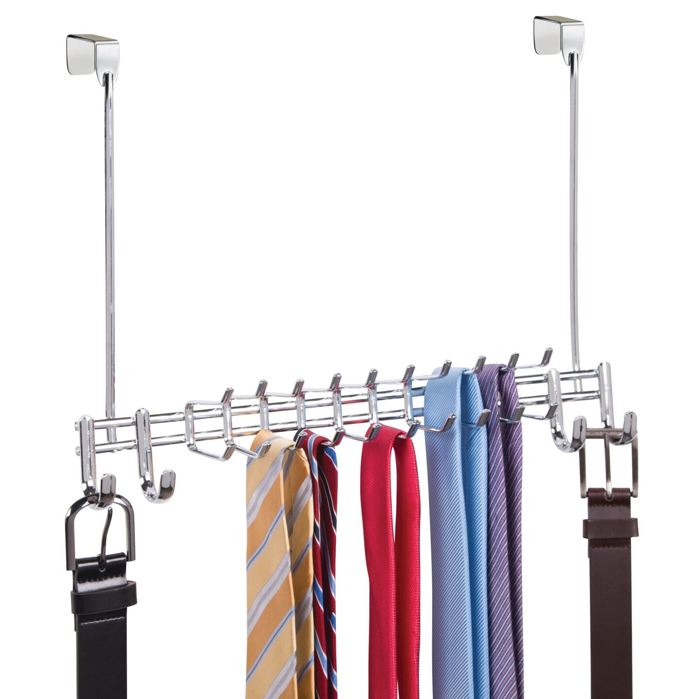 mDesign Metal Over Door Hanging Storage Rack for Ties, Belts, 24 Hooks - Chrome