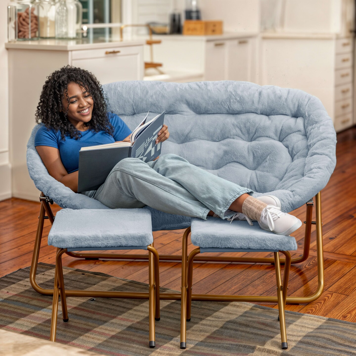 Emma and Oliver Janey Folding Double Saucer Chair with 2 Ottomans and Steel Frame for Dorm or Bedroom
