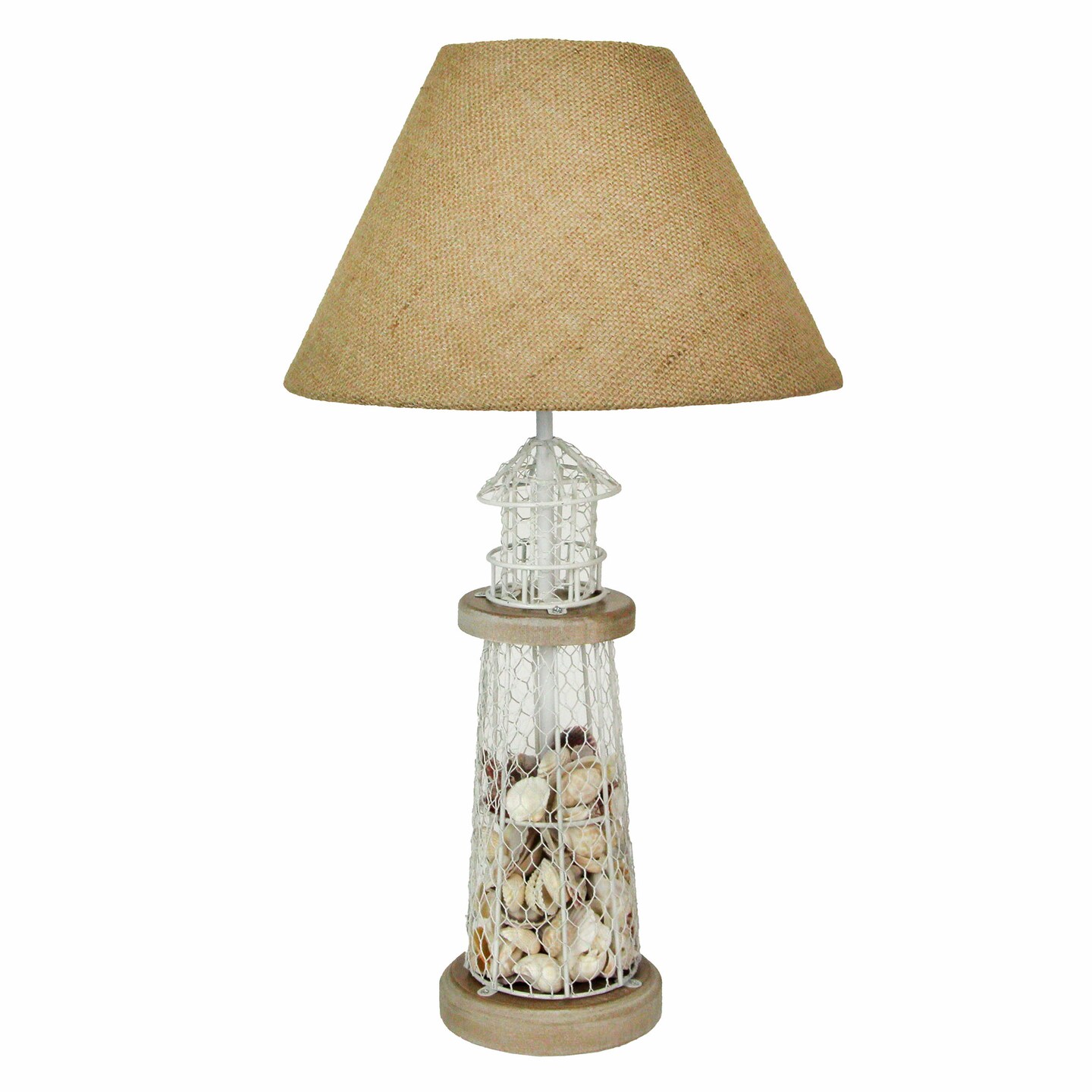 White and Grey Metal Mesh Seashell Filled Lighthouse Table Lamp with Cone Shade