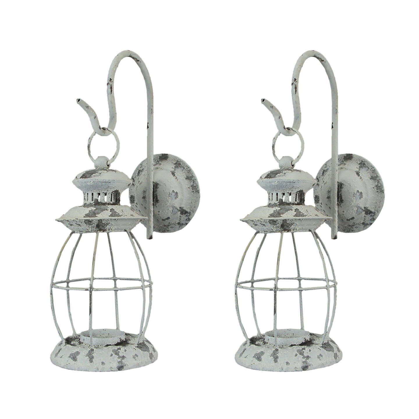 Set of 2 Rustic Distressed Metal Wall Mounted Railroad Lantern Hanging Sconces