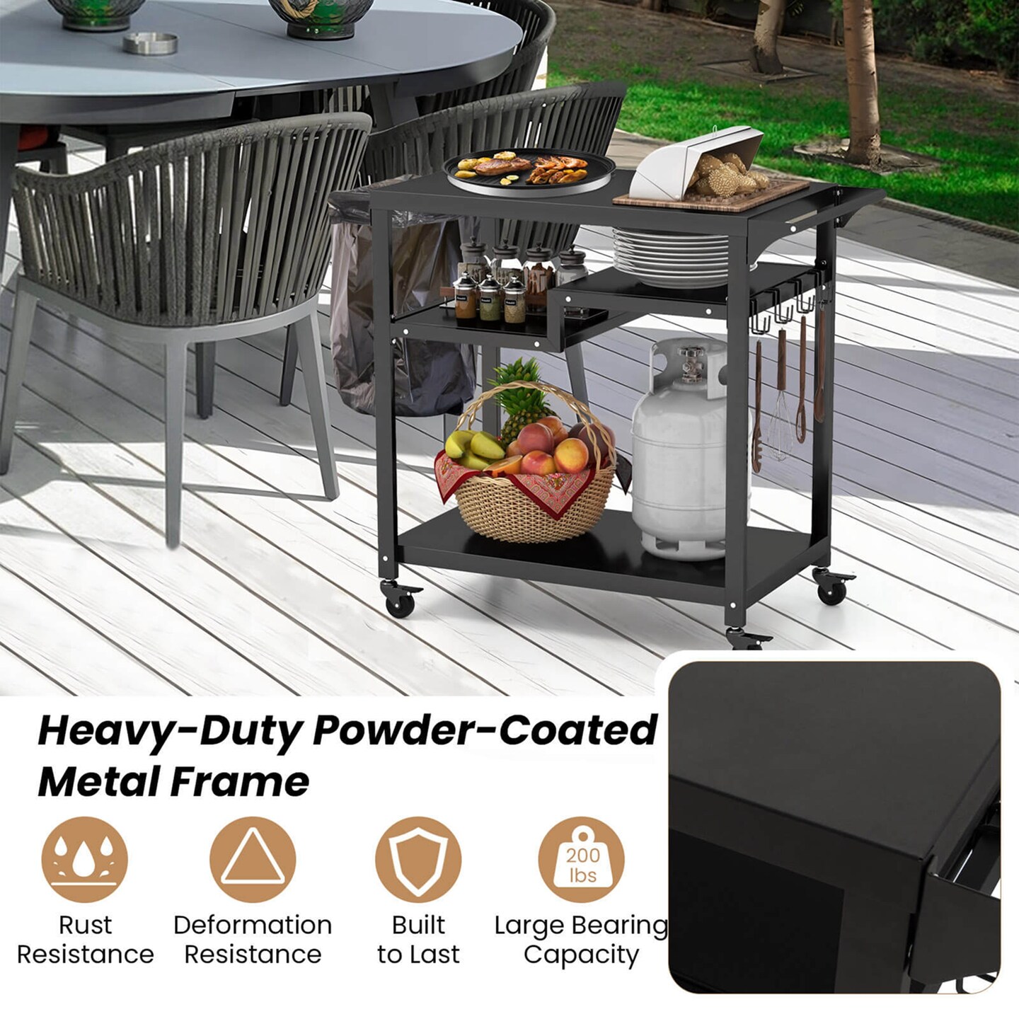 Costway Rolling Grill Cart 3-Shelf BBQ Table Pizza Oven Stand with Trash Bag Holder &#x26; Hooks