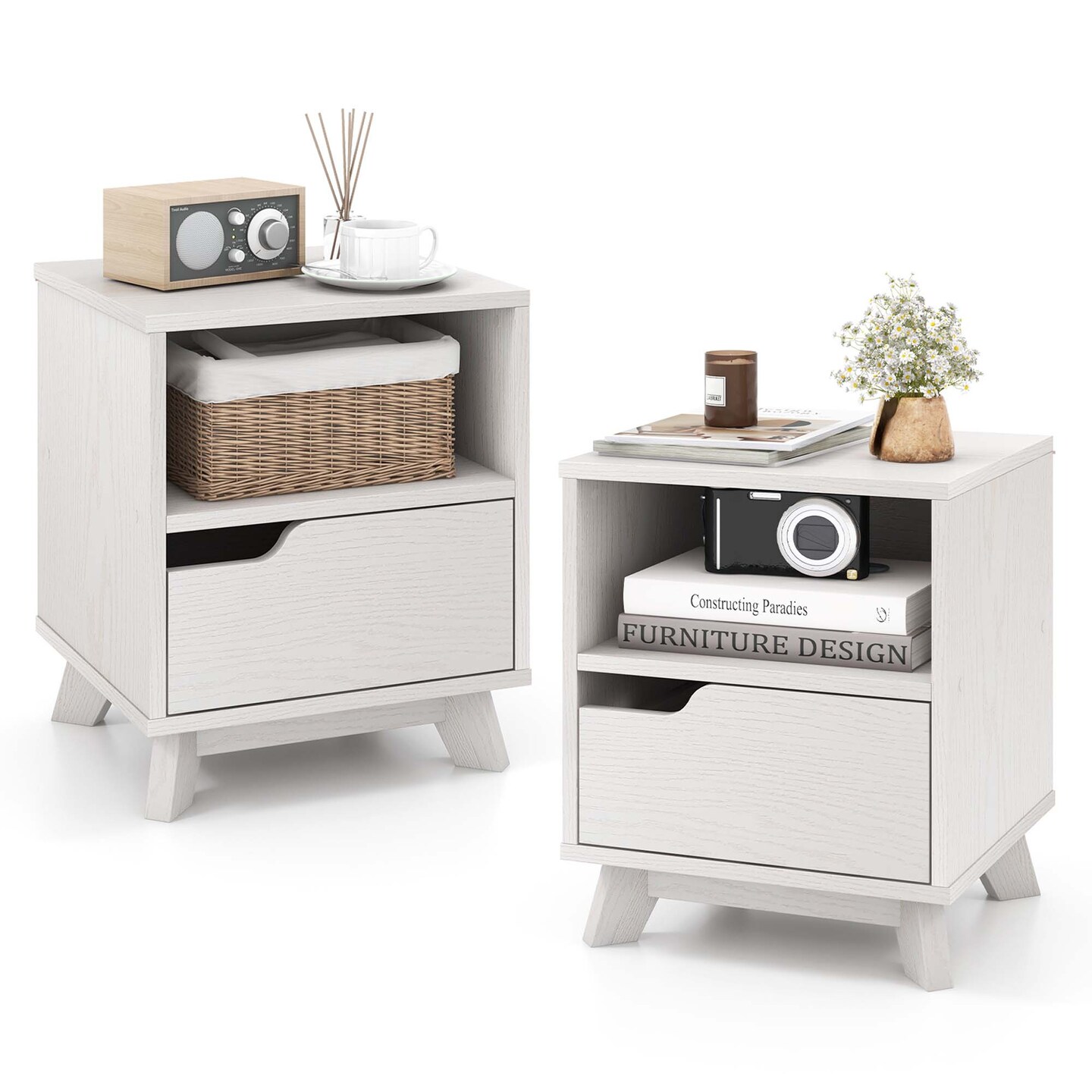 Costway 1/2 PCS Nightstand Sofa Side End Table with Storage Shelf &#x26; Drawer Space-Saving White