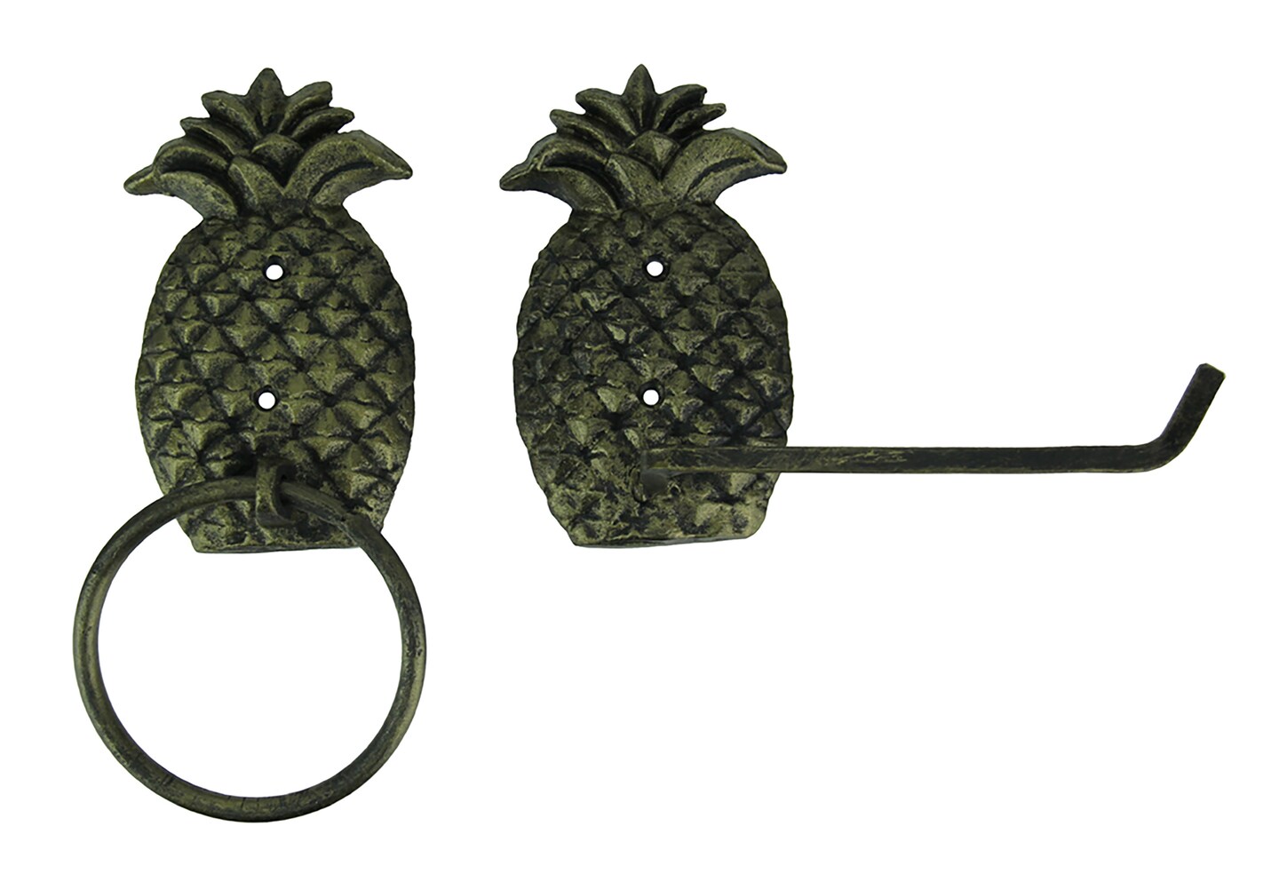 Antique Brass Finish Cast Iron Pineapple Towel and Tissue Holder Wall Decor Set