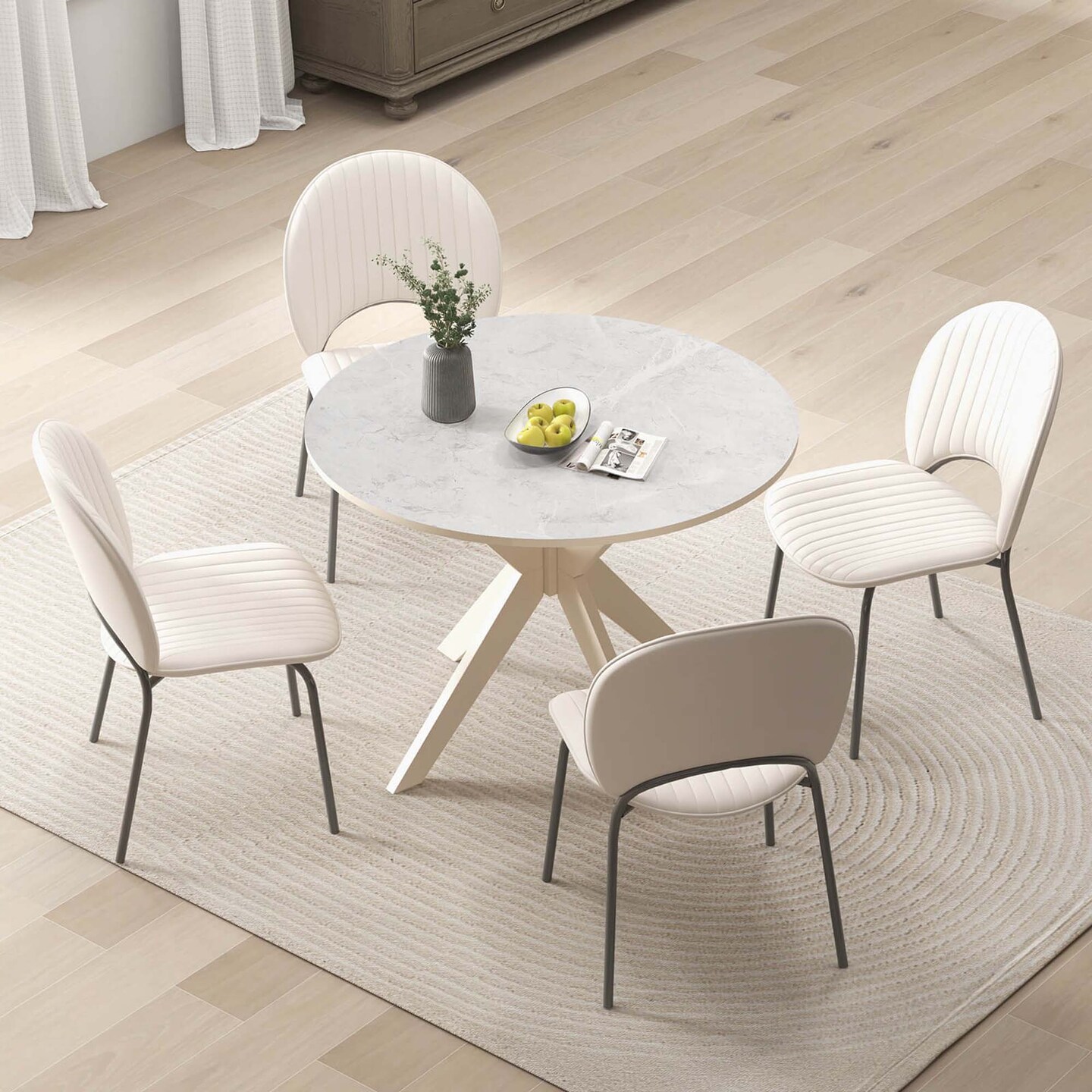 Costway Round Dining Table 36&#x22; Faux Marble Tabletop Rubber Wood Legs Kitchen White/Black