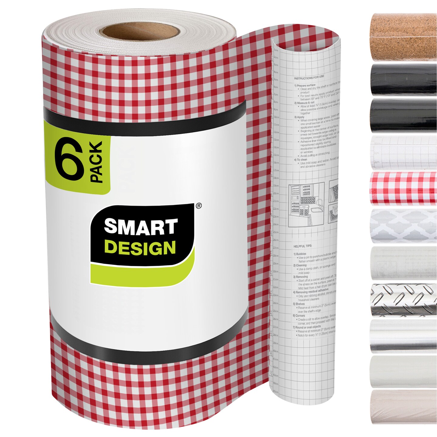 Smart Design Adhesive Shelf Liner - 18 Inch x 120 Feet Total (Set of 6 Rolls) - Ruby Red Gingham