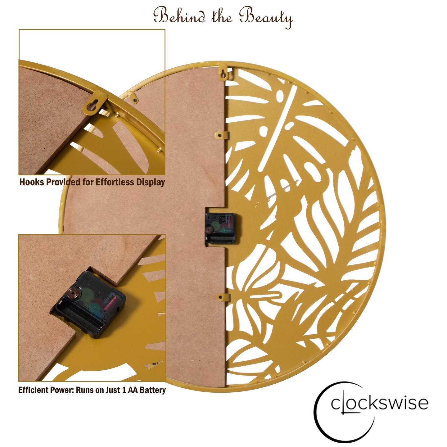 23.6&#x201D; Modern Round Big Wall Clock, Decorative brown wood and gold Metal with Leaf Cutout Oversize Timepiece for Entryway Office Living Room Bedroom or Kitchen, Hanging Supplies Included, Unique Elegant Home Decor