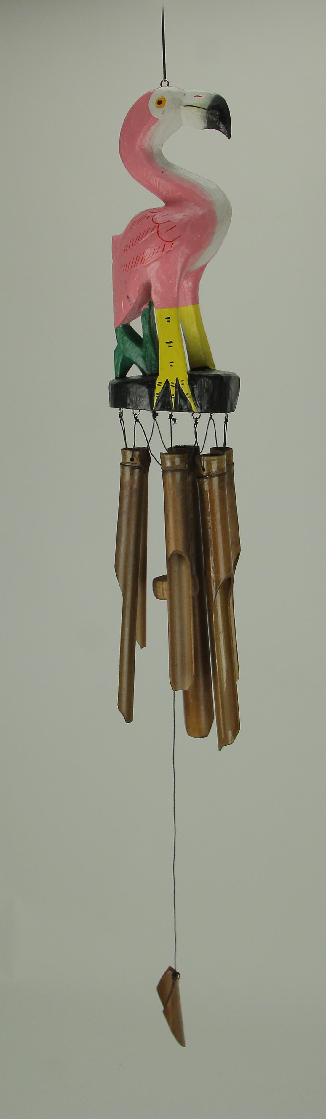 Hand Carved Wood and Bamboo Tropical Pink Flamingo  Wind Chime