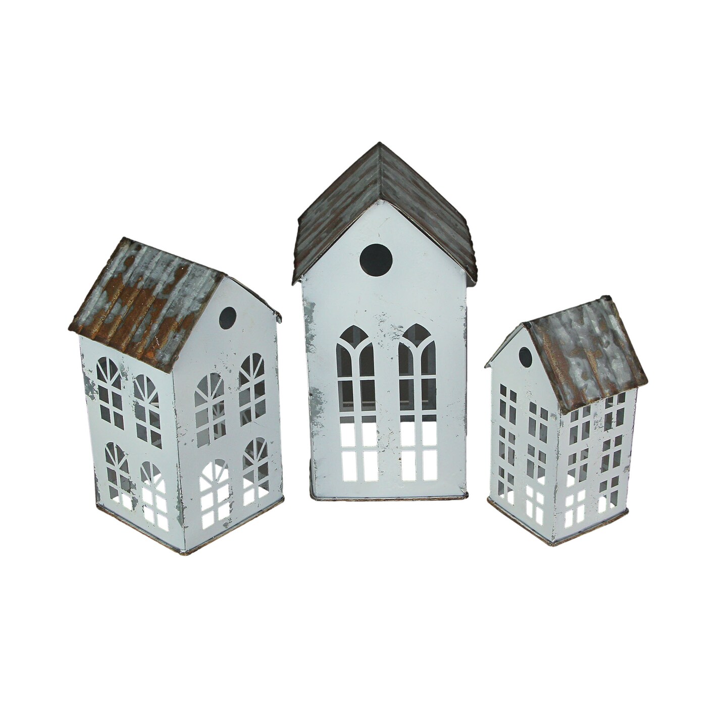 Set of 3 Country Farmhouse Galvanized Metal House Shaped Votive Candle Holders