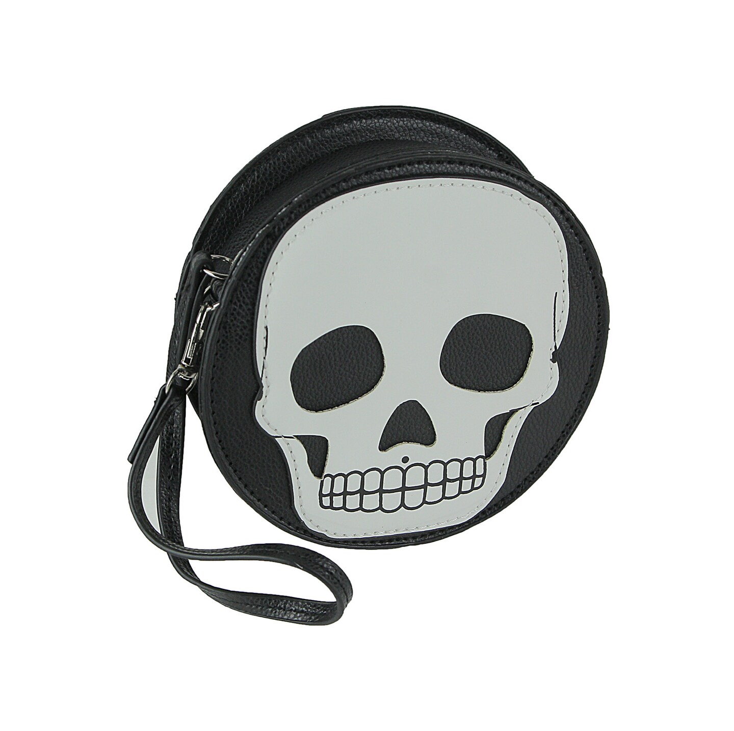 Textured Black Vinyl Skull Design Round Wristlet Purse with Removable ...