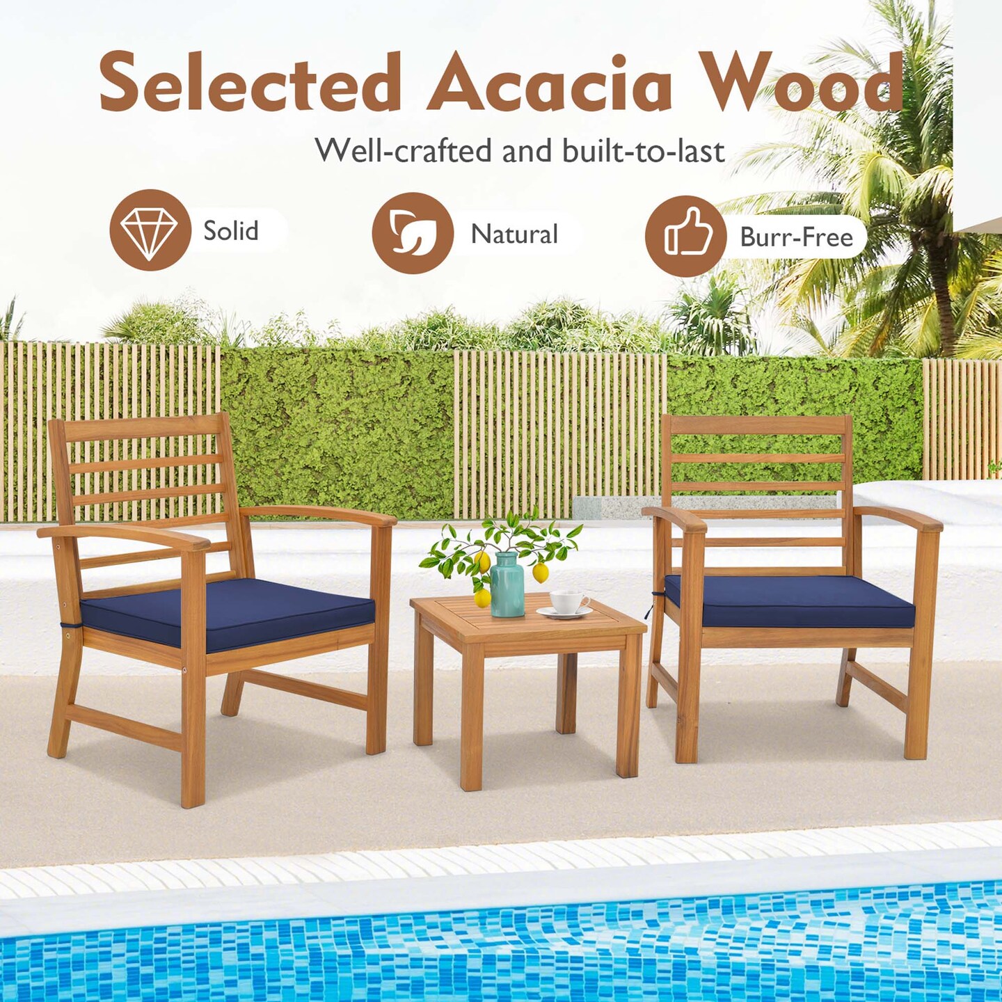 Costway 3 PCS Outdoor Furniture Set Acacia Wood Conversation Set with Soft Seat Cushions White/Grey/Navy