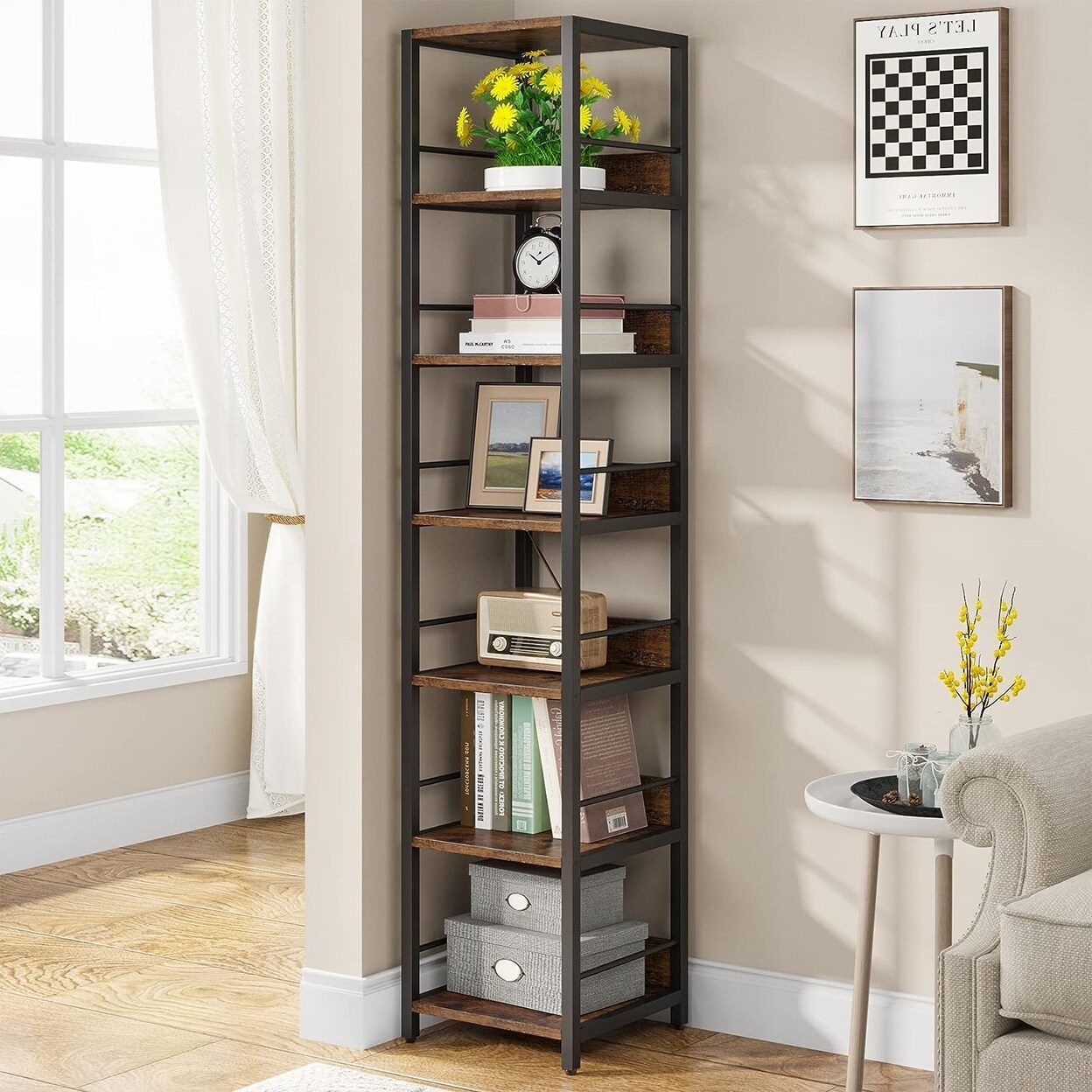 Tribesigns   6-Tier Corner Shelf 75 Inch Tall Narrow Bookshelf Storage Rack Etagere Shelves Display Stand for Small Spaces