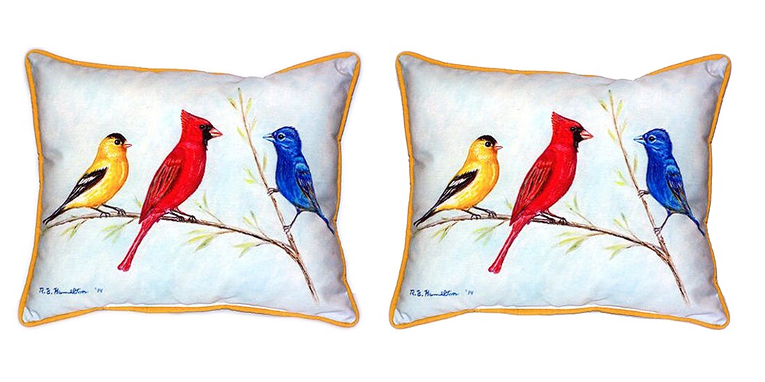 Pair of Betsy Drake Three Birds Large Indoor/Outdoor Pillows 16x20