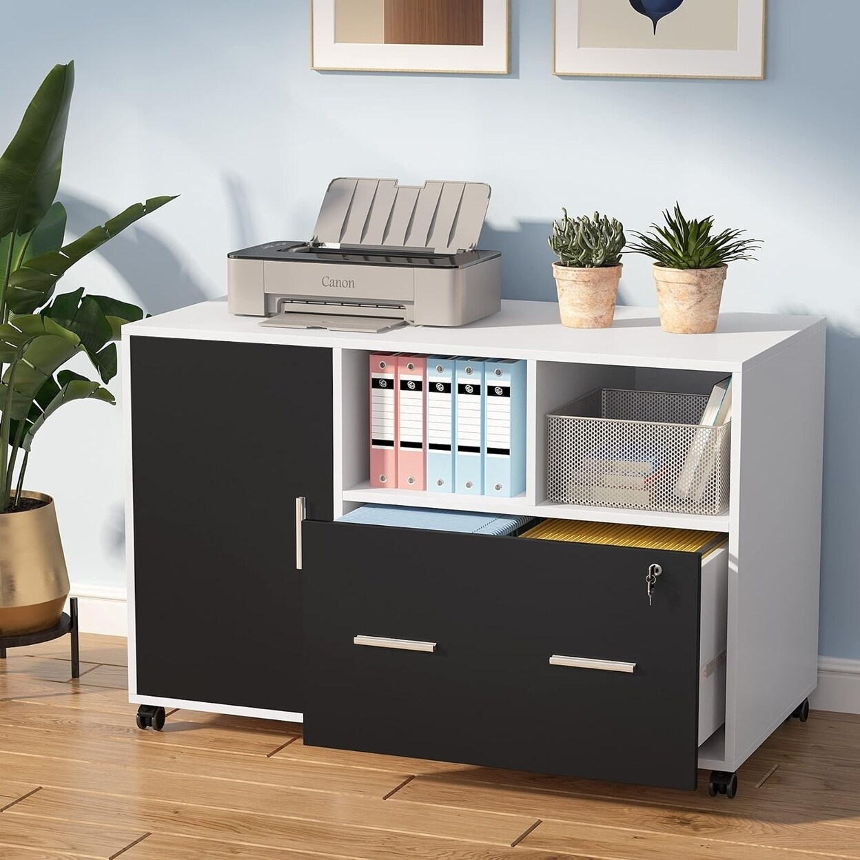 Tribesigns Mobile Filing Cabinet With Lock Rolling Printer Stand Storage Shelves