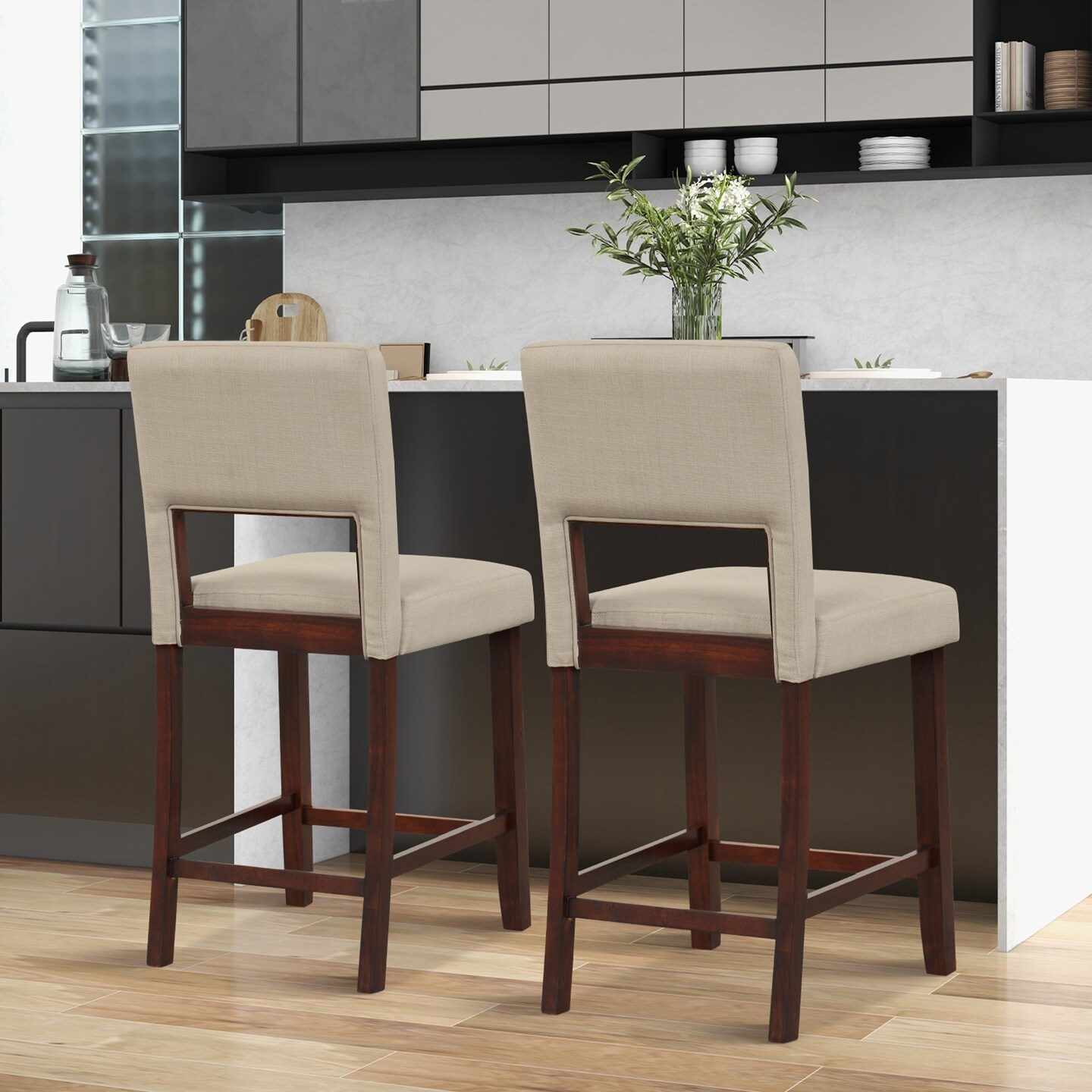 Costway Set of 2 Upholstered Linen Bar Stools 24.5&#x27;&#x27; Wooden Dining Chairs with Back Beige/Brown