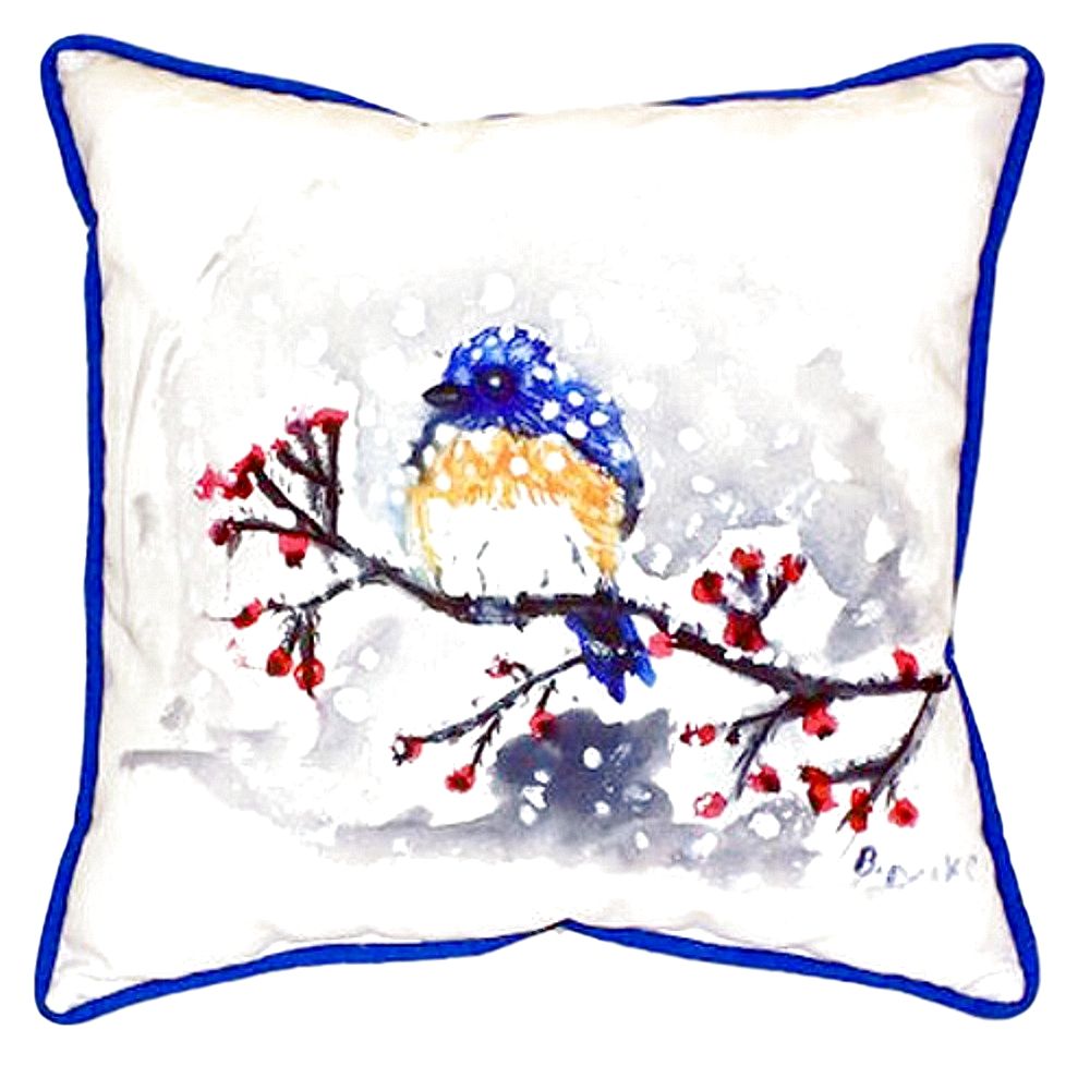 Pair of Betsy Drake Blue Bird and Snow Large Indoor/Outdoor Pillows 18x18