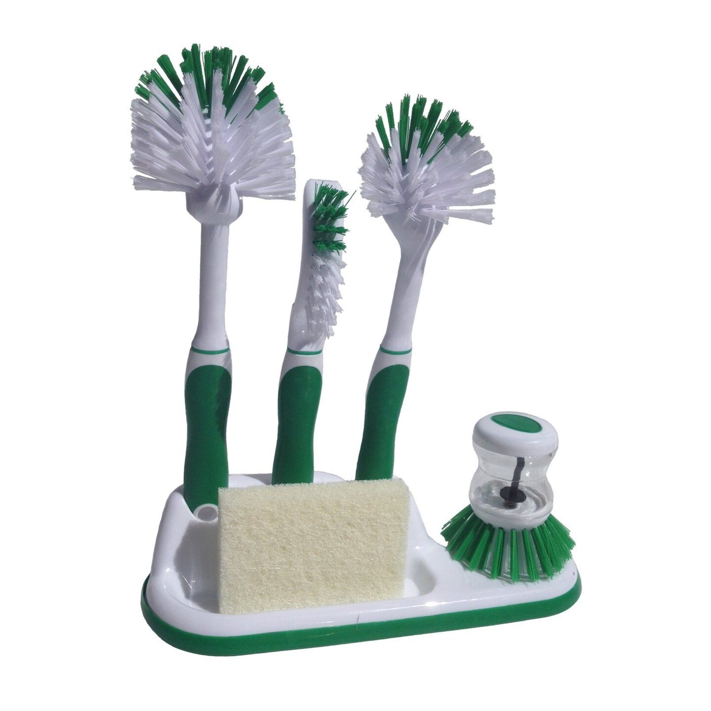 Powerstone 6-Piece Kitchen Cleaning Supplies Set - Green | Includes 4 Brushes, Sponge Scrub &#x26; Holding Tray | Durable &#x26; Long-Handled | Ideal for Use in Washing Dishes, Bottles, Utensils &#x26; Vegetables