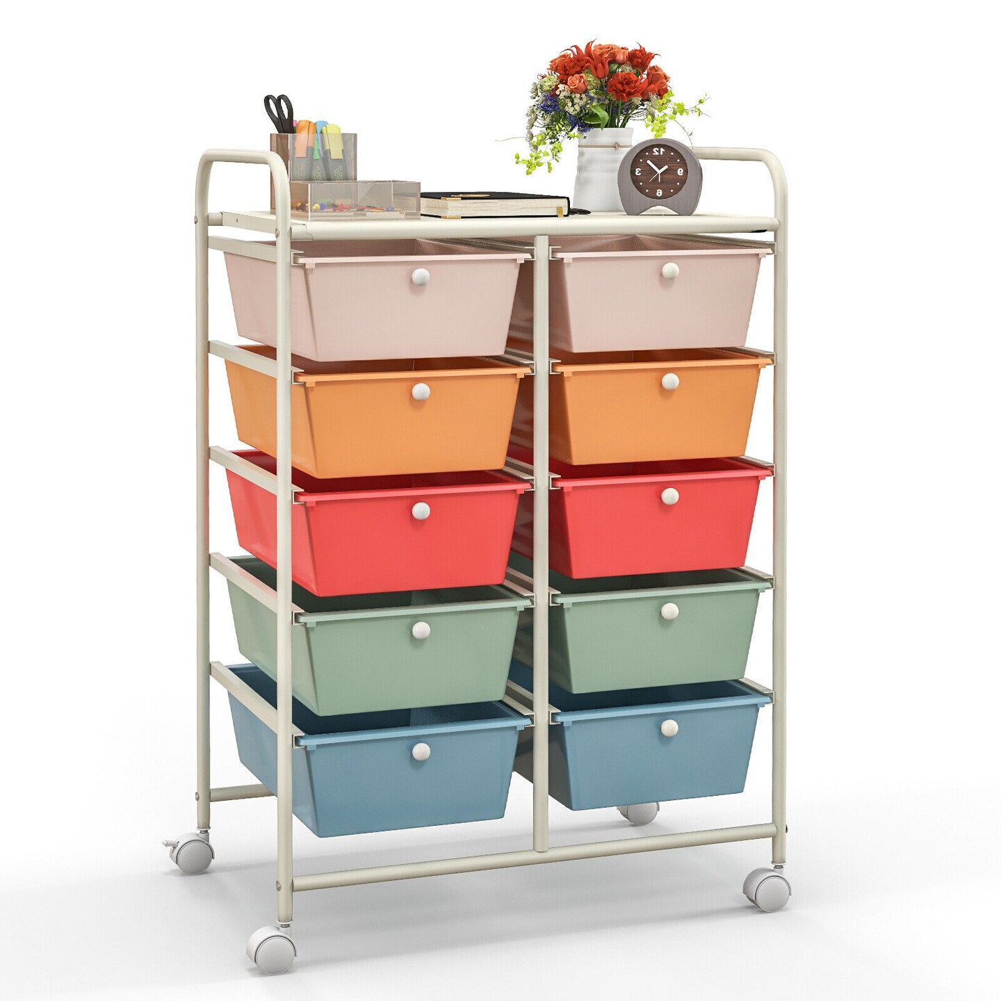 10 Drawer Rolling Storage Cart with Lockable Wheels Metal Frame Organizer for Office Classroom Craft Room Storage