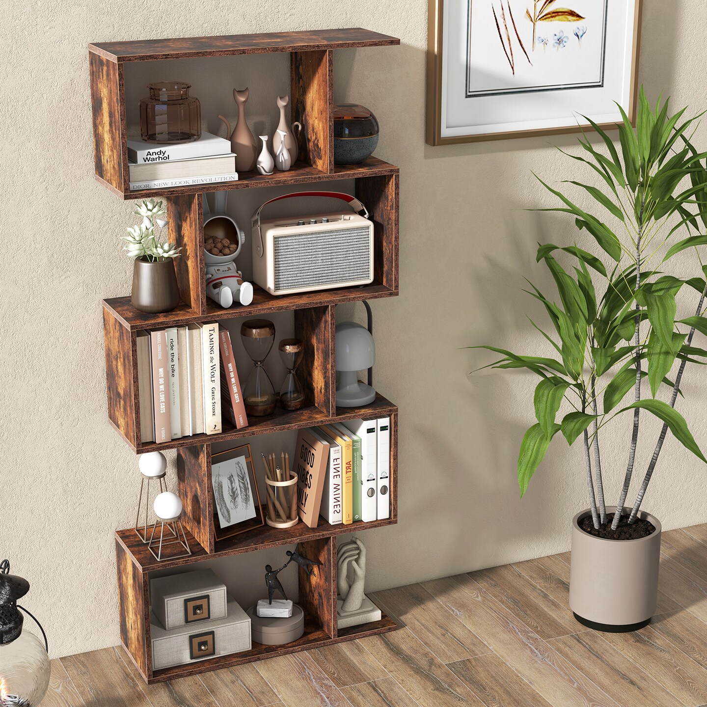 5-tier Bookshelf With Anti-toppling Device For Living Room Home Office