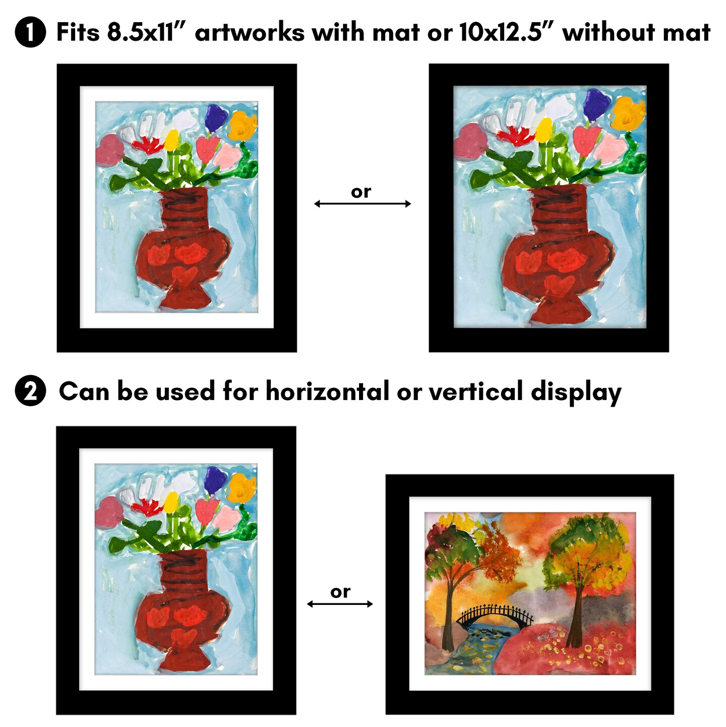 Americanflat 10x12.5 Kids Art Frame - Set of 4 - 8.5x11 with Mat or 10x12.5 without Mat - Kids Artwork Frame - Magnetic Frame Closure - Shatter Resistant Glass - Hanging Hardware