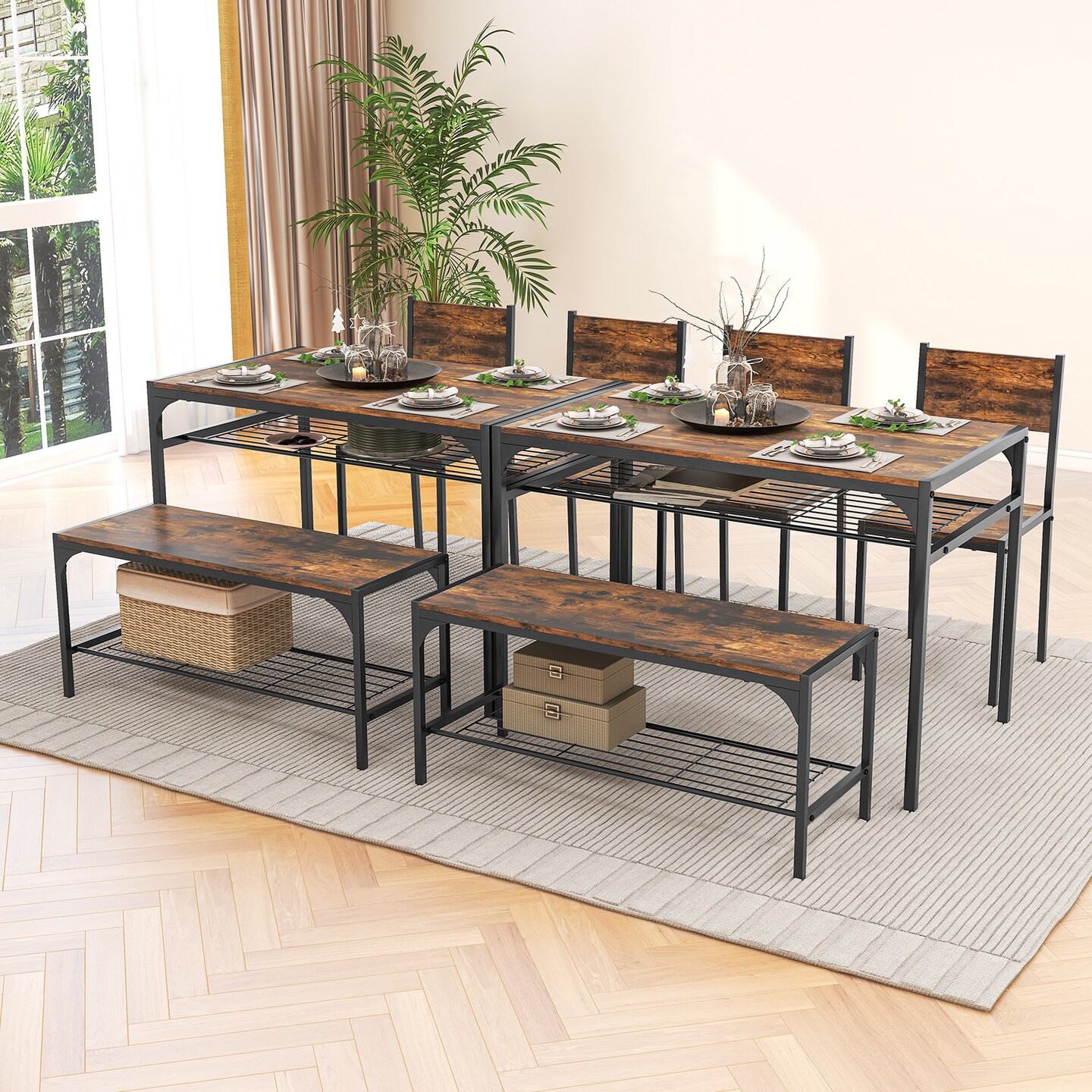 Industrial Style Rectangular Kitchen Table With Bench And Chairs