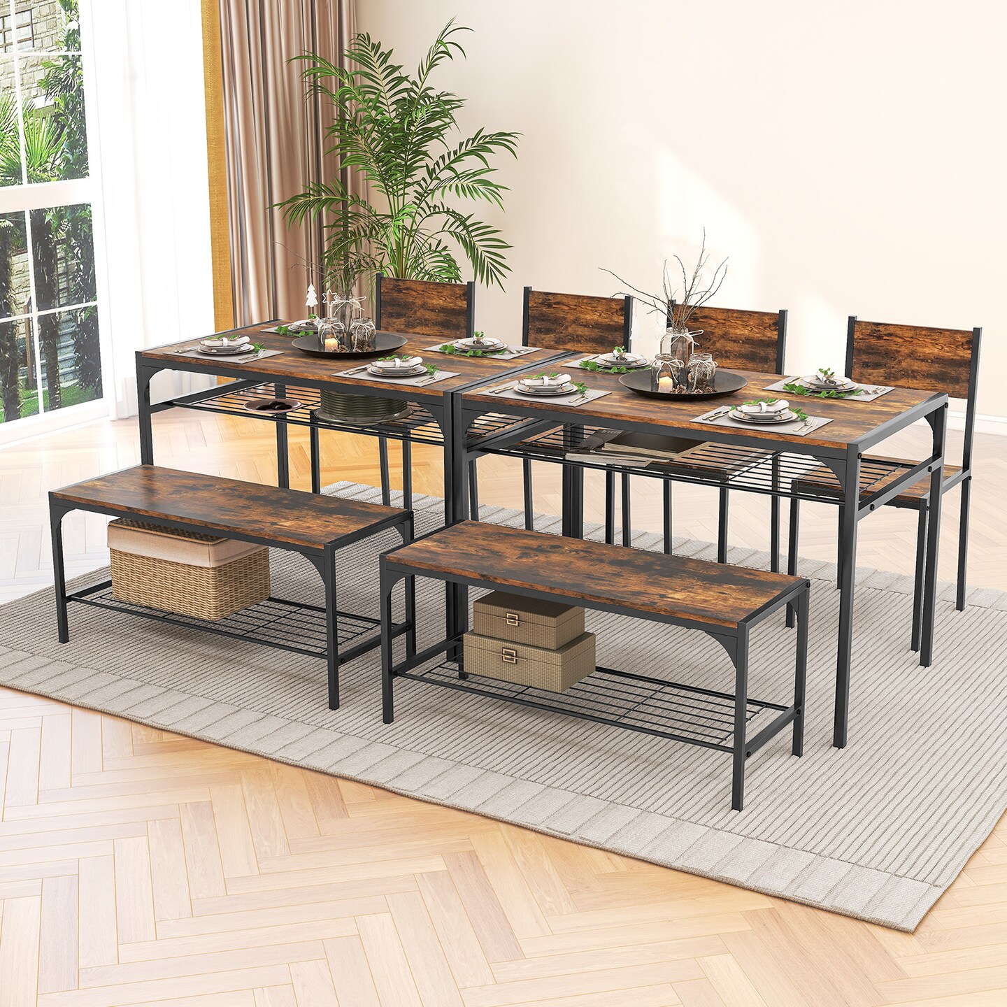Wood Industrial Rectangular Dining Table with Bench and Metal Chairs