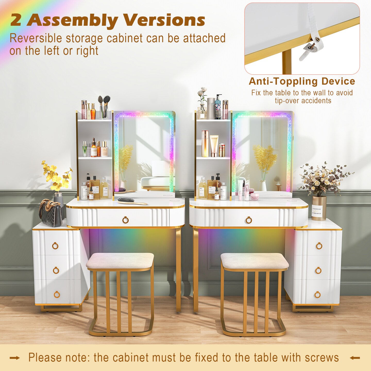 Vanity Table Set With Rgb Led Lights And Wireless Charging Station