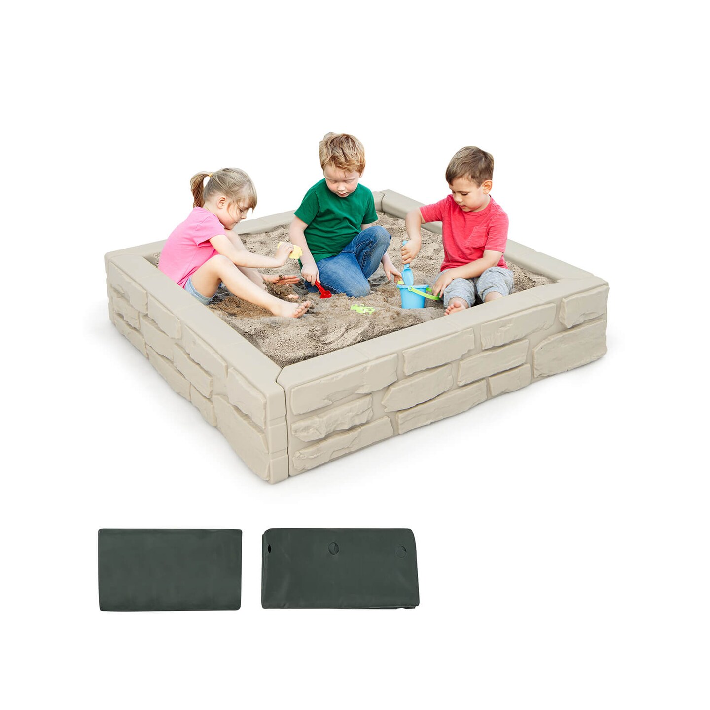 Kids Sandbox with Cover Bottom Liner and Brick Design
