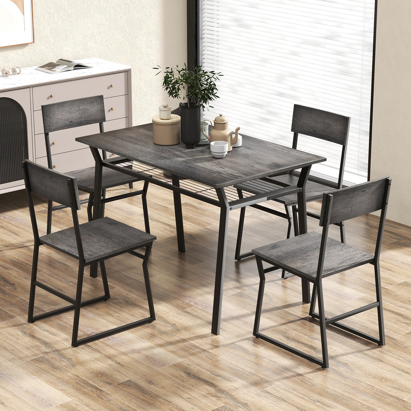5 Piece Dining Table Set With Storage Rack And Metal Frame