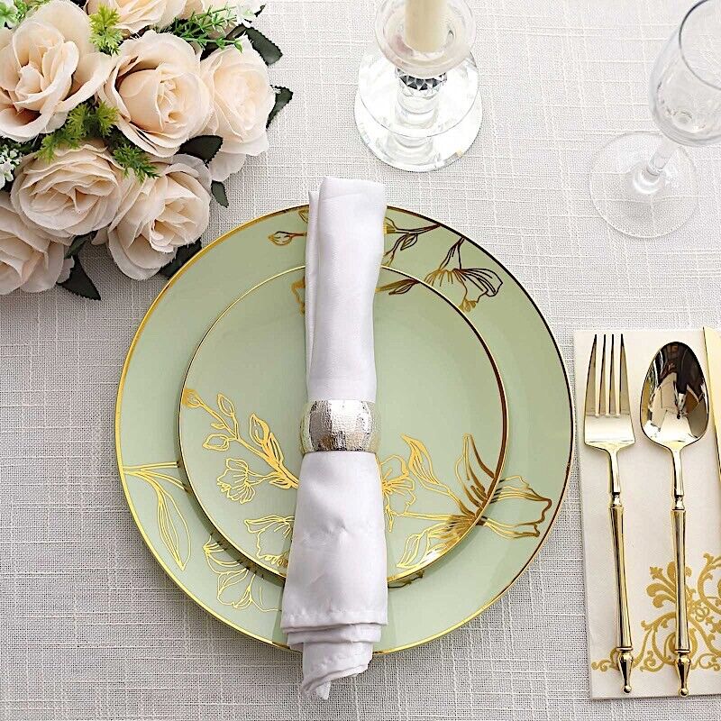 20 Round SAGE GREEN Plastic Salad Dinner PLATES Gold Floral Design
