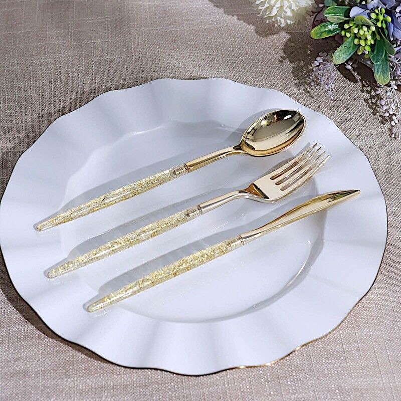 24 Gold Disposable Plastic CUTLERY Spoon Fork and Knife Set