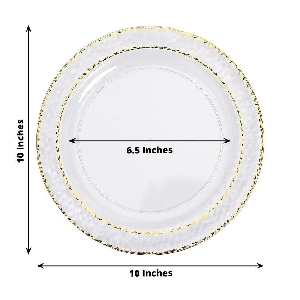 50 CLEAR 10&#x22; Round Salad PLATES Hammered GOLD Trim