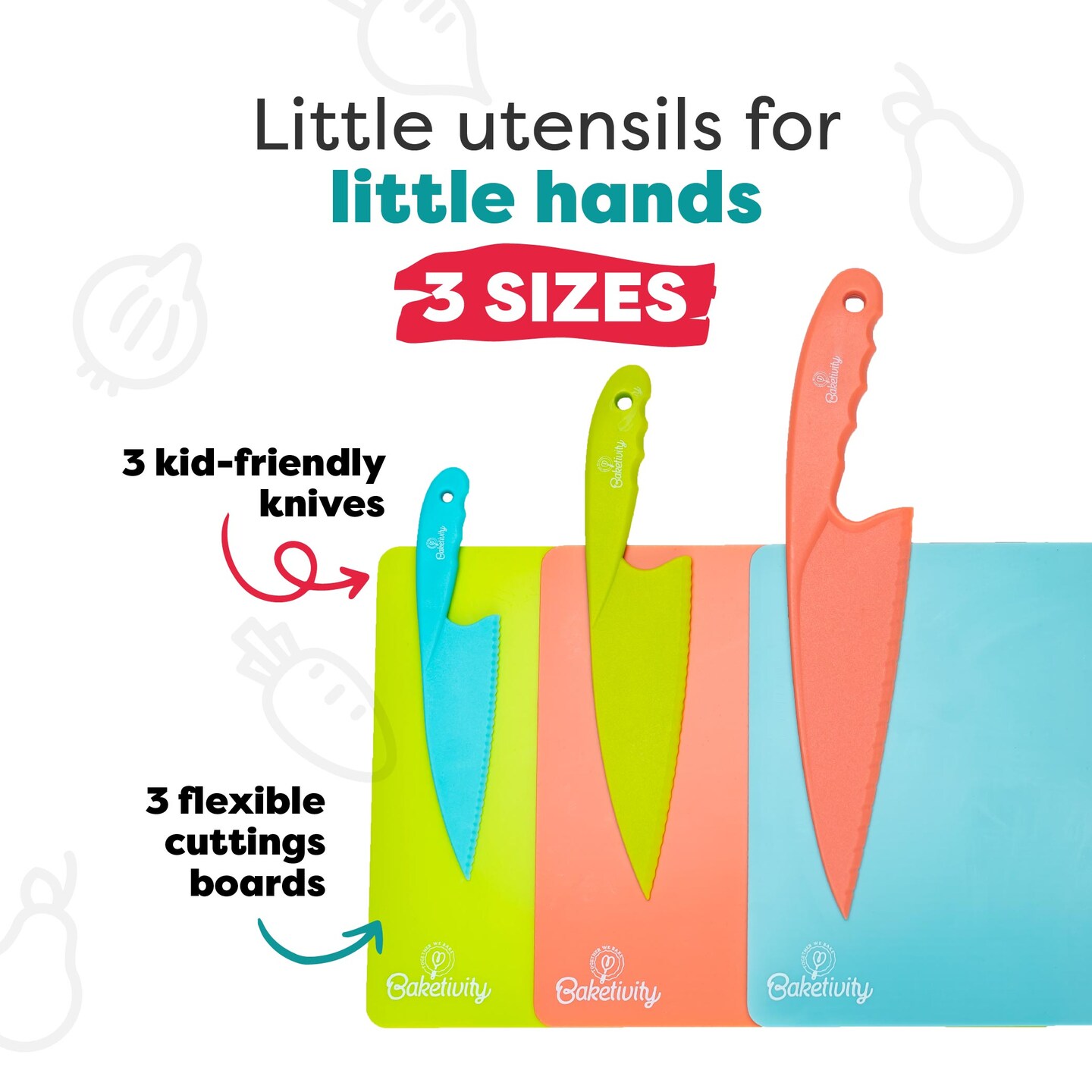 Baketivity 6 Piece Kids Cutting Board and Knife Set | Plastic Knives and Flexible Cutting Boards for Safe and Fun Cooking | Dishwasher Safe Kids Knifes for Real Cooking | Suitable for Children 6+