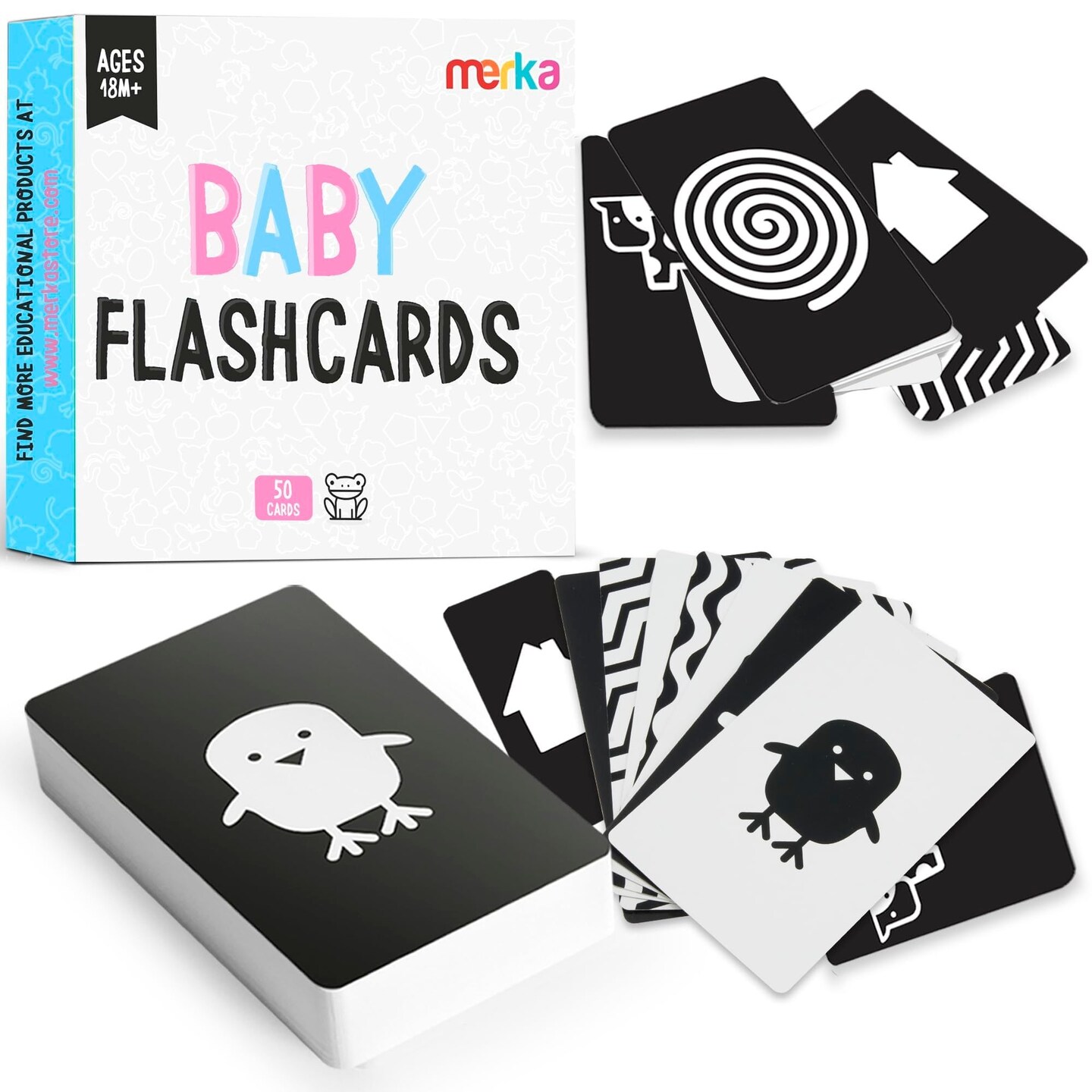 merka Newborn Toys, Black and White Baby Toys, High Contrast Baby Toys for Newborn, Set of 50 Flashcards for Visual Stimulation and Brain/Sensory Development