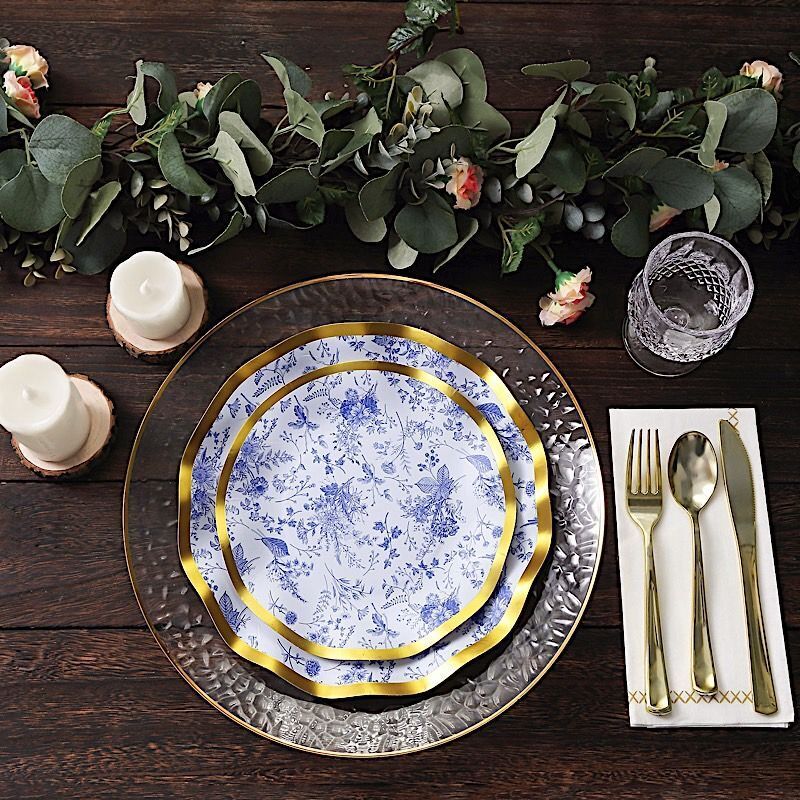 25 Round 8&#x22; BLUE Paper Salad Plates Gold Wavy Rim Party Tableware