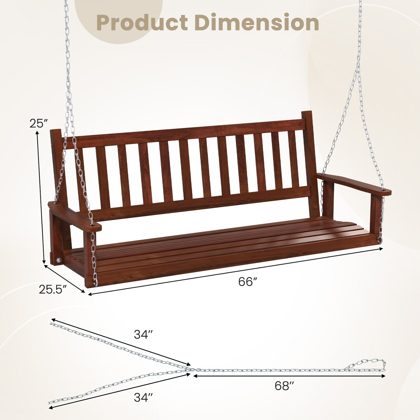 Wooden Outdoor Porch Swing with Slatted Backrest and Ergonomic Curved Seat