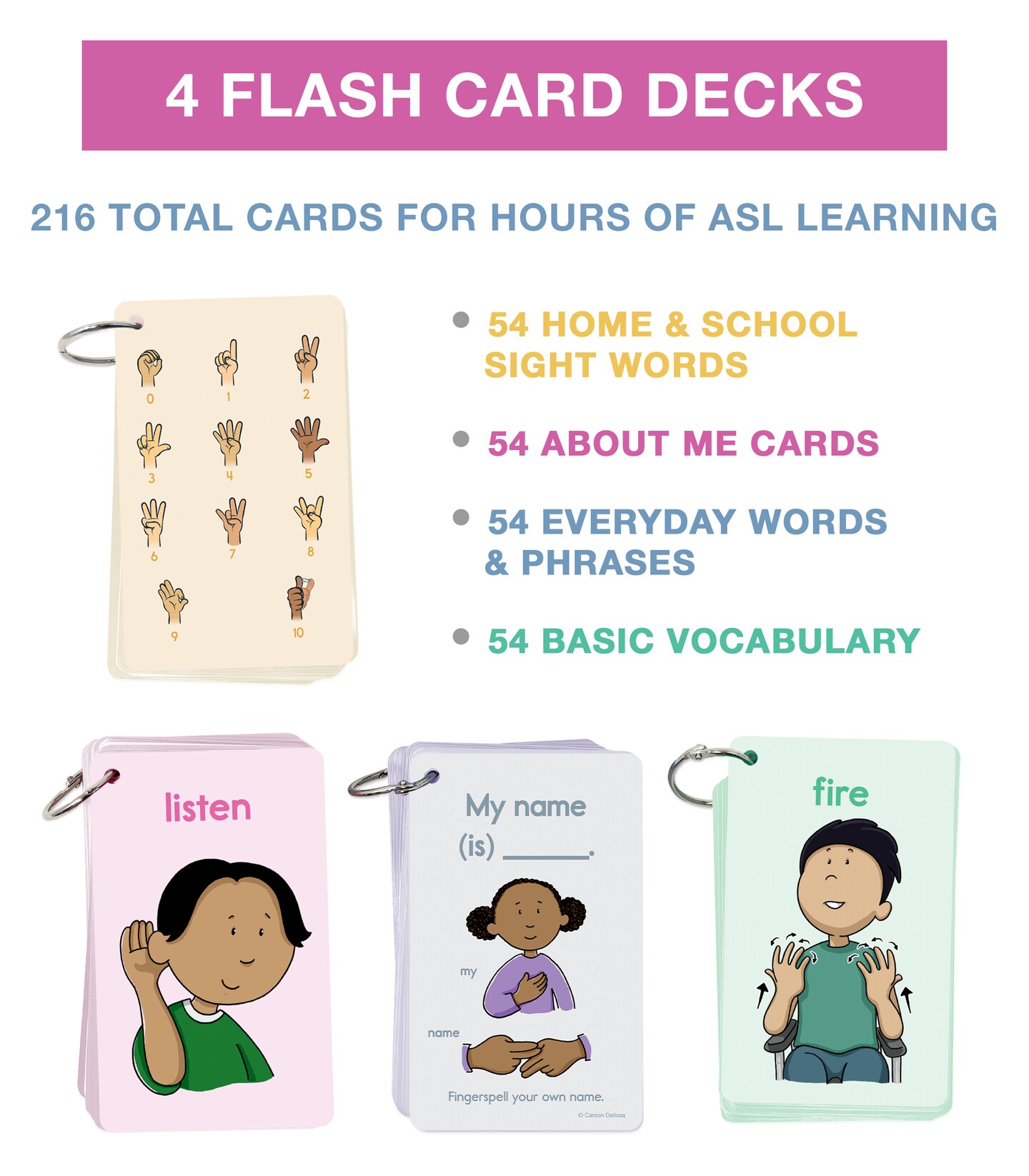 Carson Dellosa 216 American Sign Language Flash Cards for Kids, Sight Words and Vocabulary ASL Flashcards for Toddlers Ages 3 and Up With Signing Illustrations