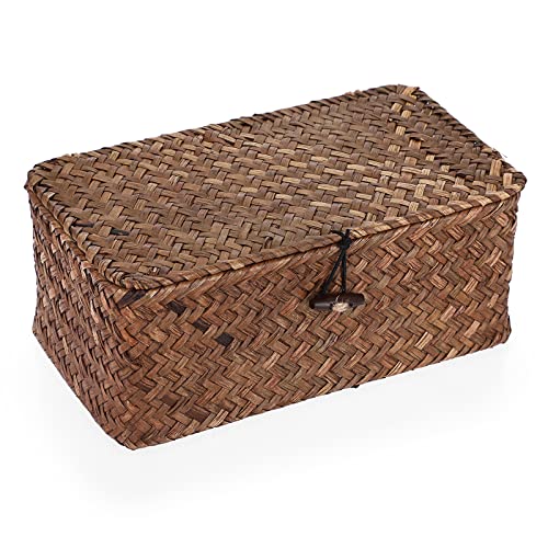 Hipiwe Wicker Shelf Baskets Bin with Lid, Handwoven Seagrass Basket Storage Bins Rectangular Household Basket Boxes for Shelf Wardrobe Home Organizer, Coffee X-Small