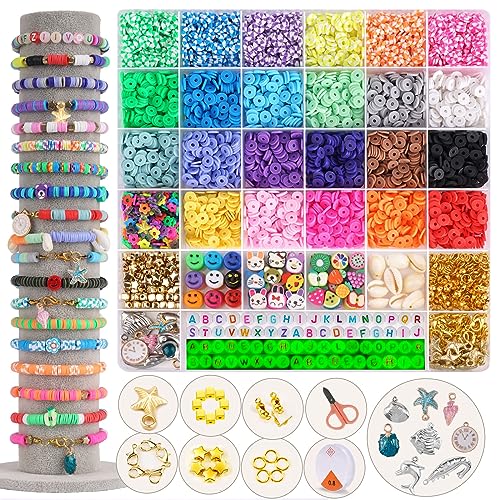 6100 Pieces Clay Beads Bracelet Making Kit 24 Colors Flat Clay Beads Set Friendship Bracelet kit Include Polymer Clay Heishi Bead UV Letter Beads for Jewelry Earrings Making