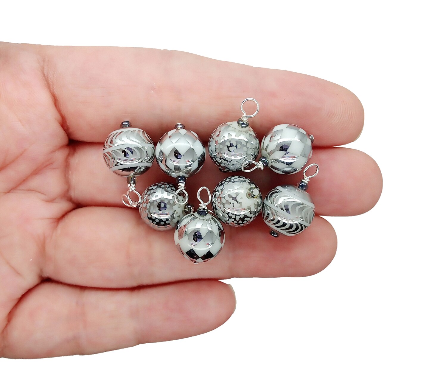 Miniature Christmas Ornaments, 8 pieces with Hooks, Silver Patterned Glass Baubles, Adorabilities
