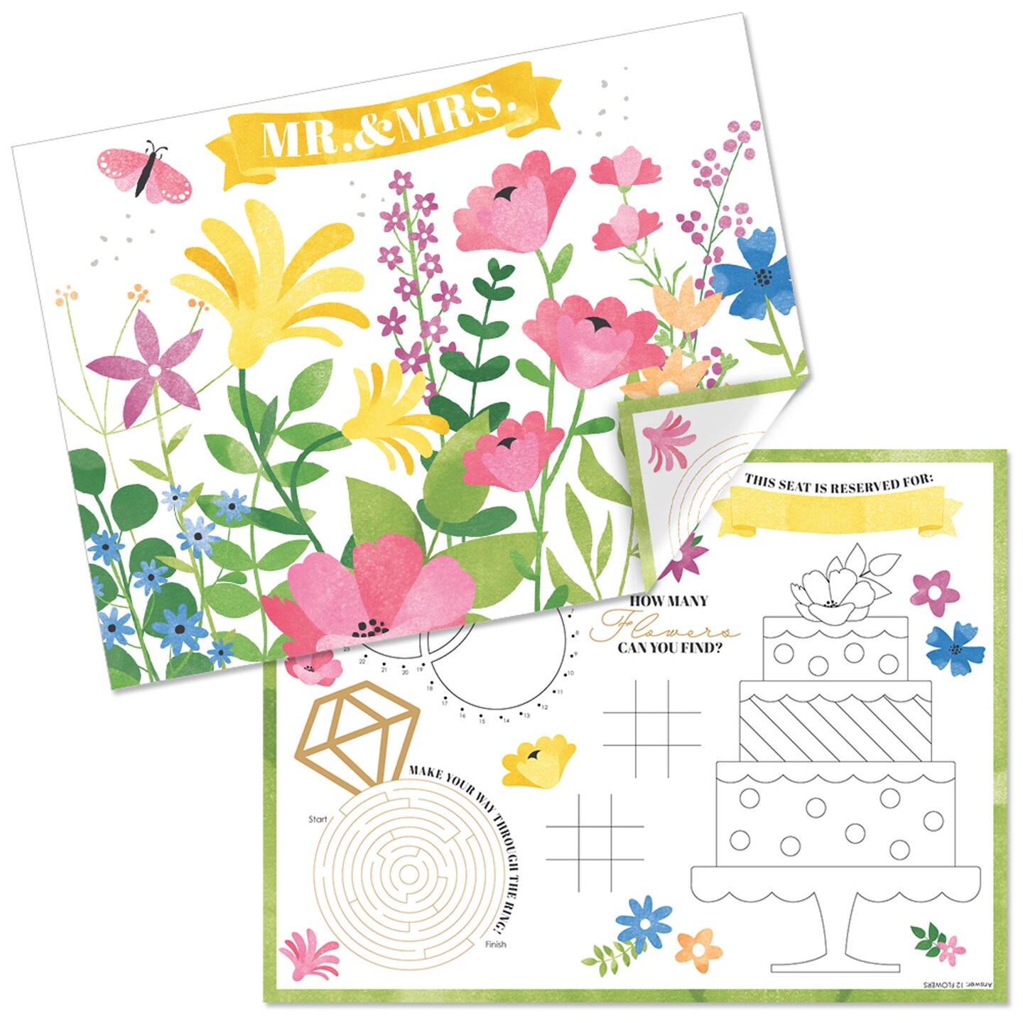 Big Dot of Happiness Wildflowers Bride - Paper Boho Floral Bridal Shower and Wedding Party Coloring Sheets - Activity Placemats - Set of 16