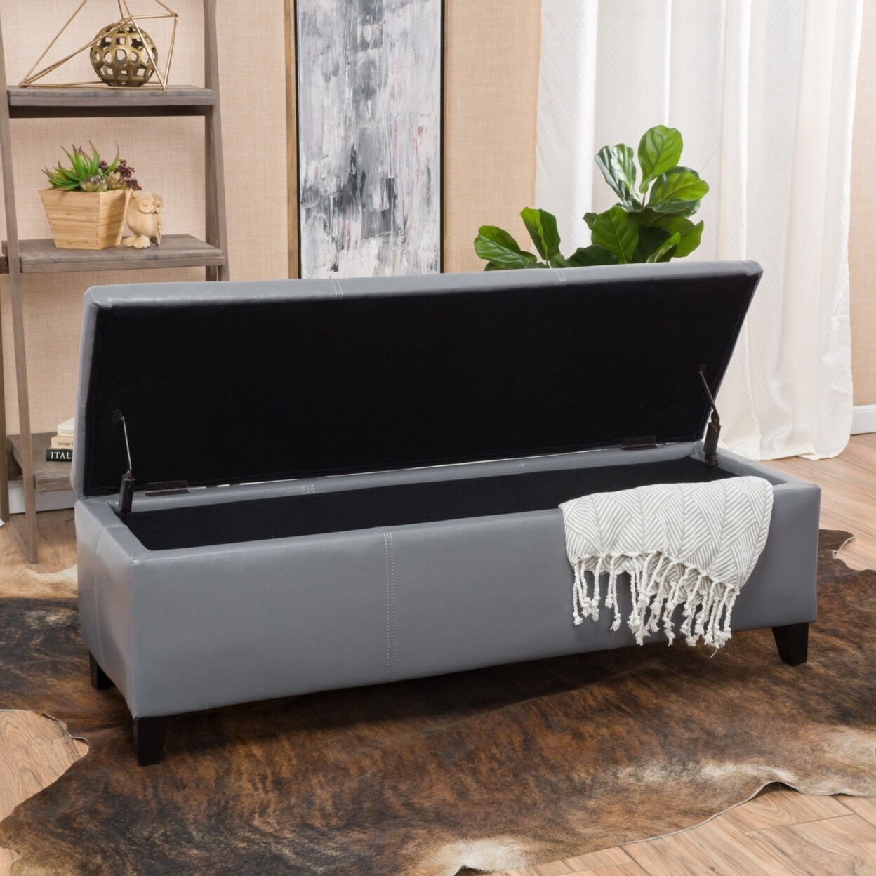 GDF Studio Skyler Grey Leather Storage Ottoman Bench
