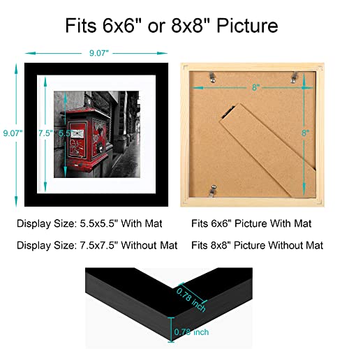8x8 Picture Frames Black Display Picture Frame 6x6 Solid Wood with Mat Wooden Square Photo Frame for Wall Hanging or Table Top Home Decoration-8x8 Black