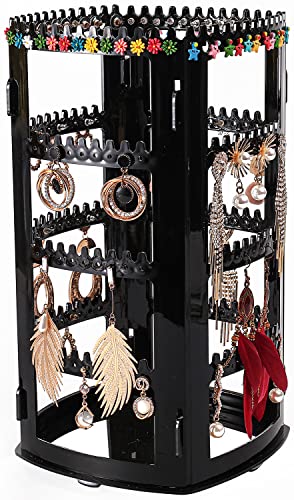 Sooyee 360 Rotating Earring Holder and Jewelry Organizer, 4 Tiers Jewelry Rack Display Classic Stand, 156 Holes and 160 Grooves for Necklaces Earrings Piercings, Black